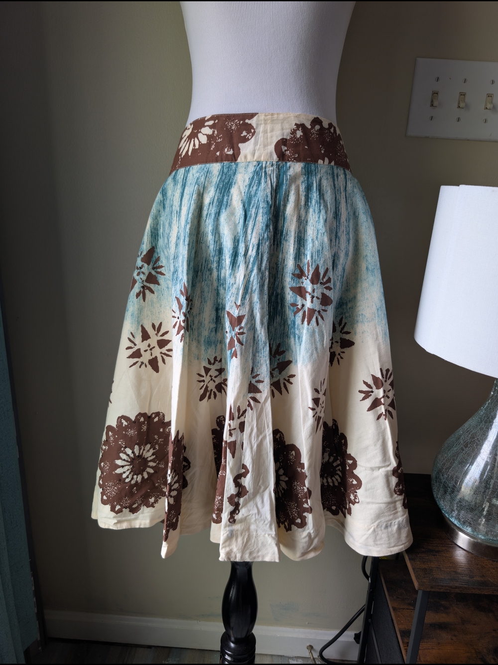Anthropologie Odille Cream, Teal & Brown Boho Circle Skirt
